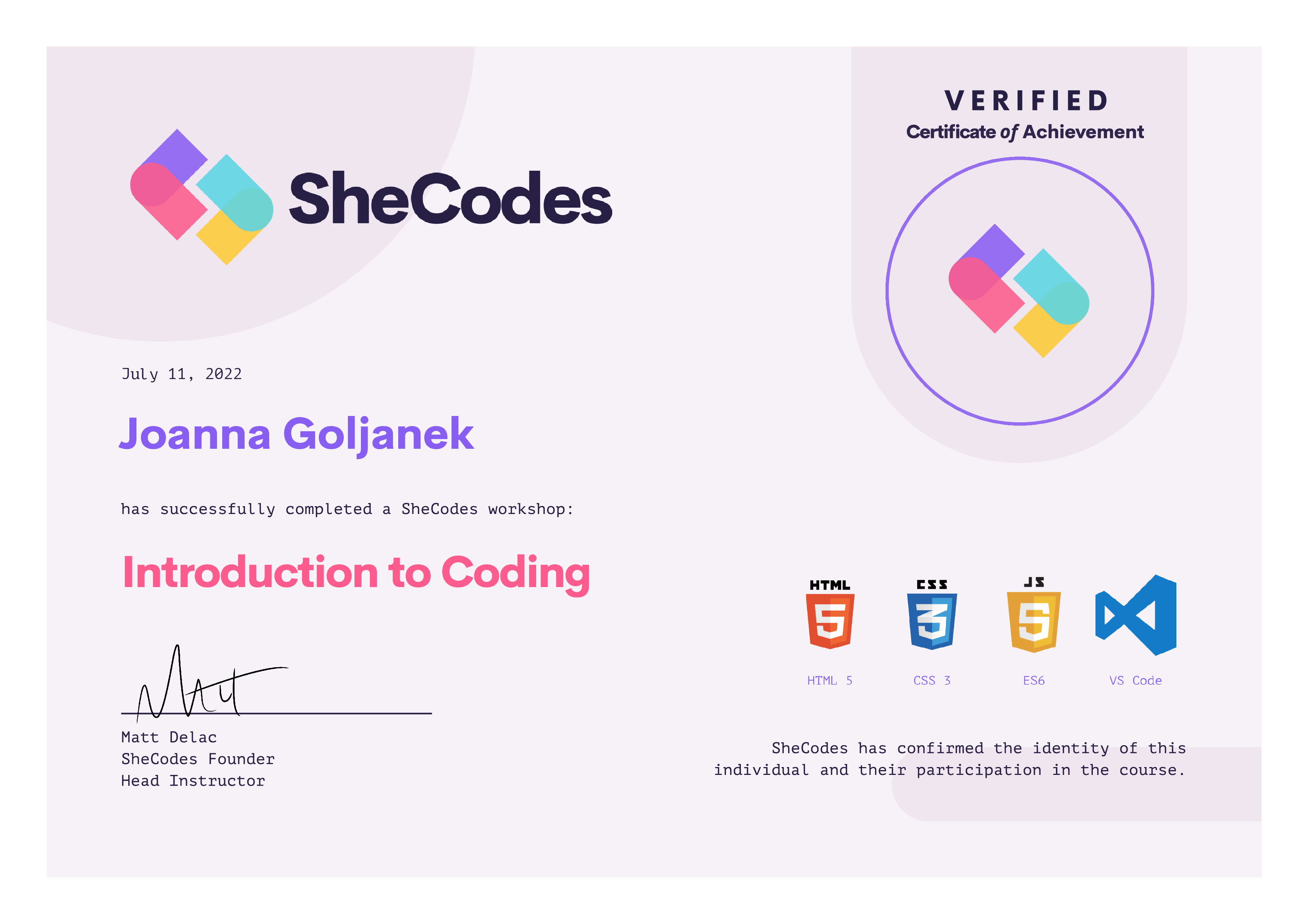 SheCodes Basics certificate