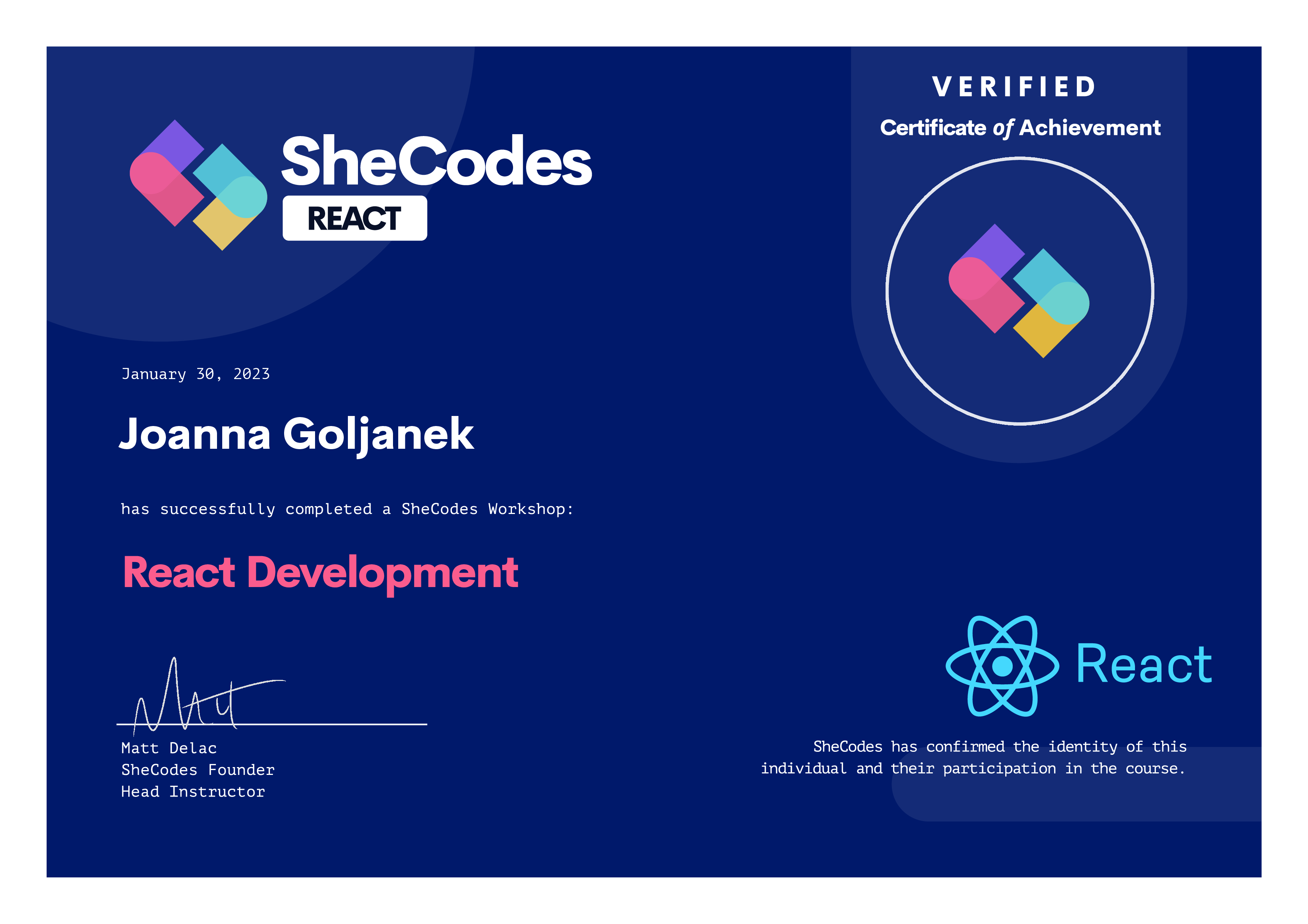 SheCodes React certificate