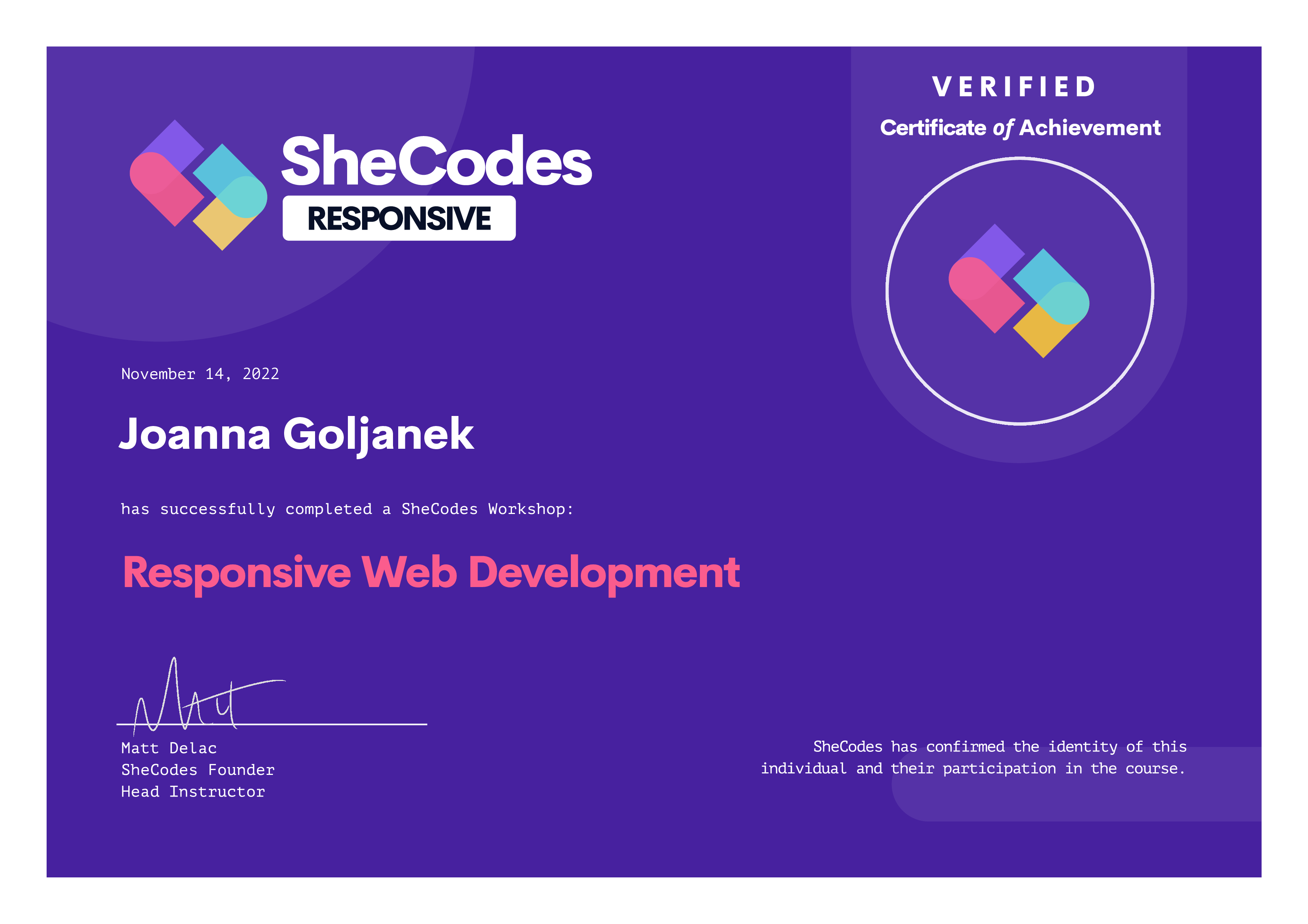 SheCodes Responsive certificate